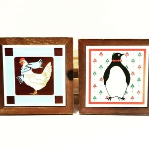 2 Pcs Ceramic & Wood Trivets and/or Wall Plaques